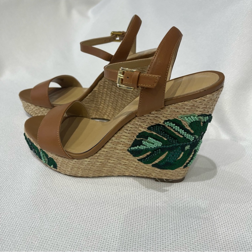 MICHAEL Michael Kors Fisher Leather & Palm Tree Embroidered Wedges Tan Size 7.5 - Picture 5 of 8
